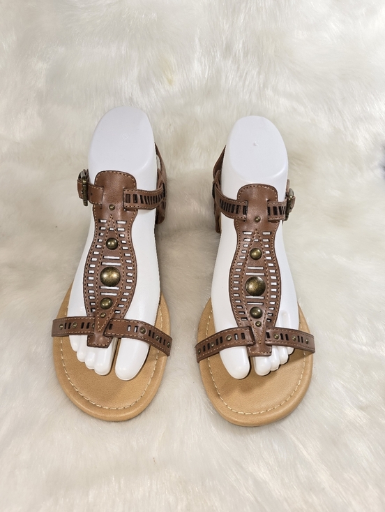 Curfew Shoes - Curfew Norca Women’s Brown T-strap Studded/ Laser-cut Sandals